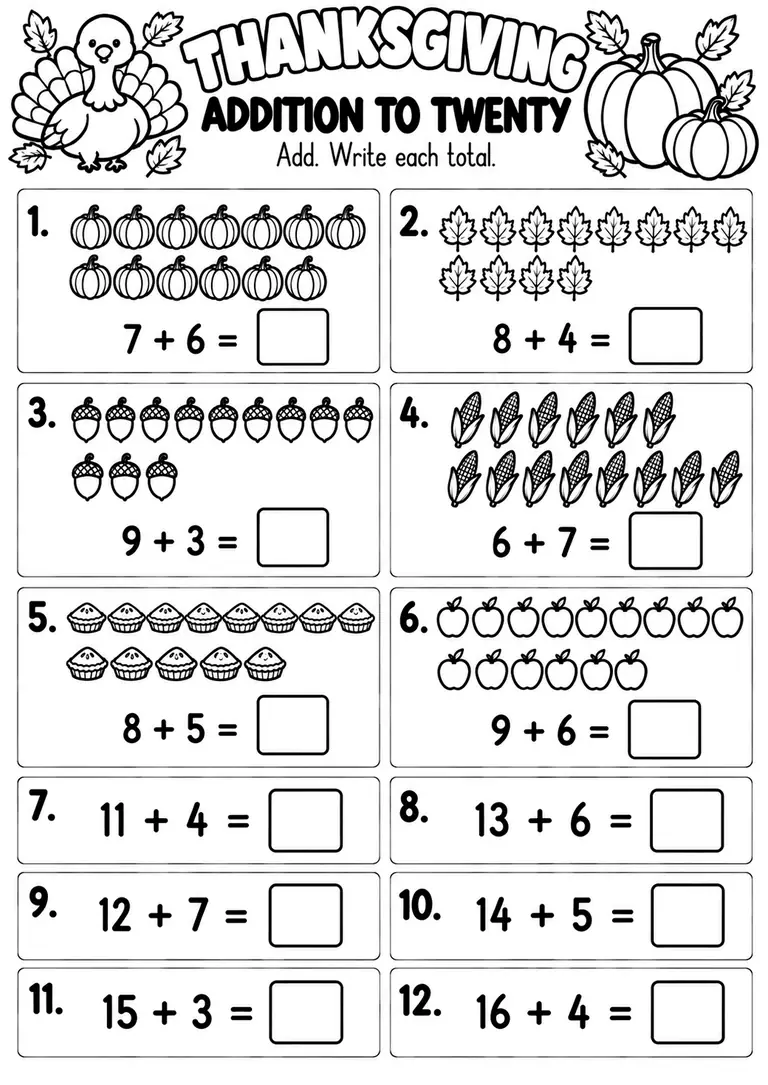 THANKSGIVING ADDITION TO TWENTY for Kindergarten, 1st Grade