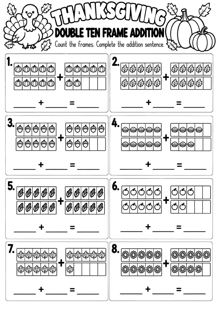 THANKSGIVING DOUBLE TEN FRAME ADDITION for Kindergarten, 1st Grade