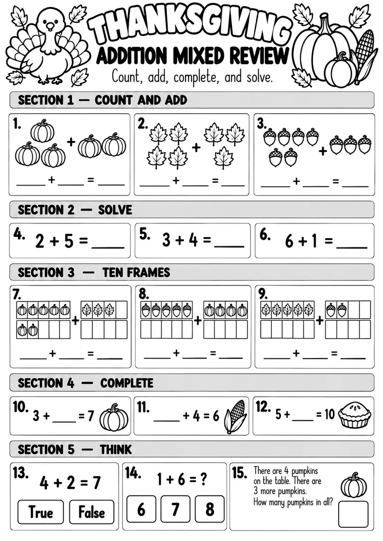 THANKSGIVING ADDITION MIXED REVIEW for Kindergarten, 1st Grade