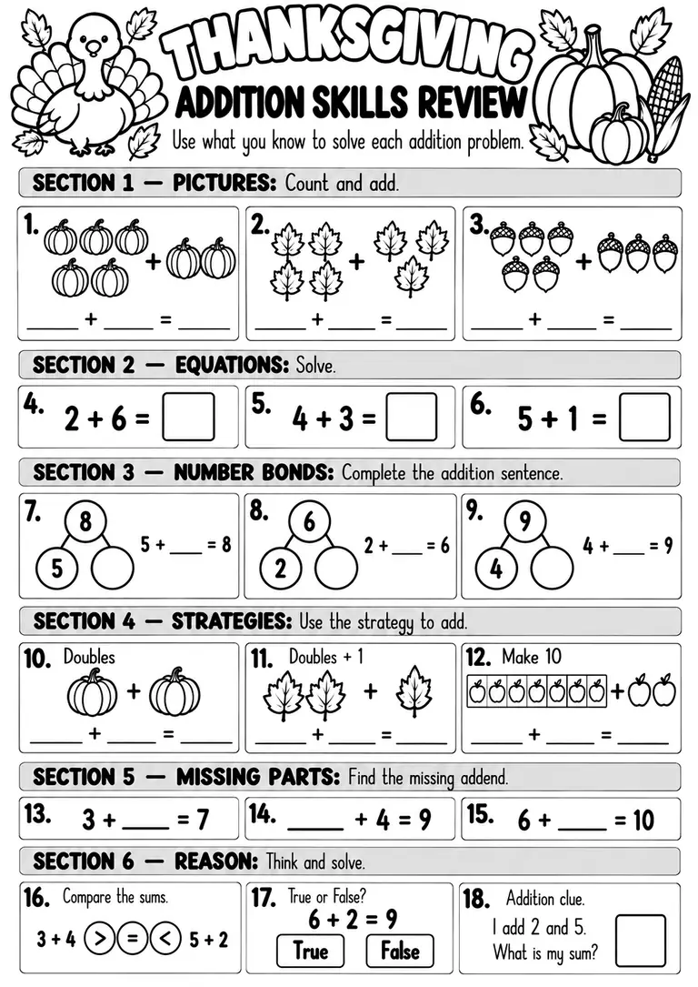 THANKSGIVING ADDITION SKILLS REVIEW for Kindergarten, 1st Grade