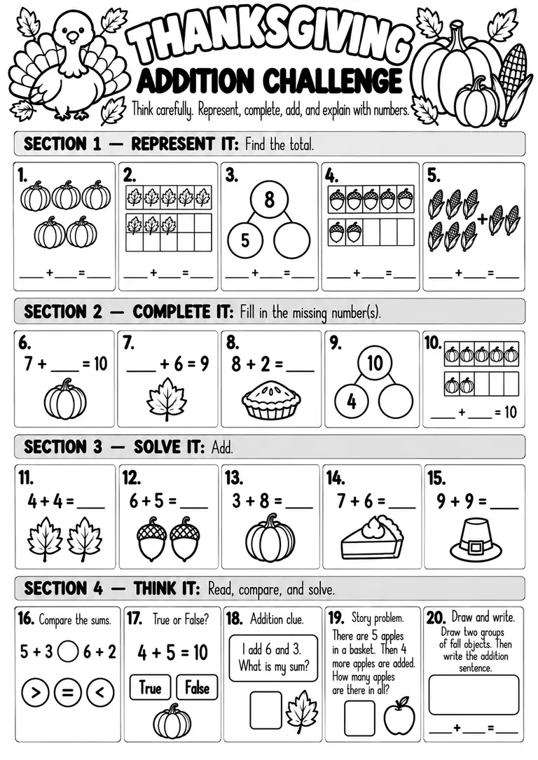 THANKSGIVING ADDITION CHALLENGE for Kindergarten, 1st Grade