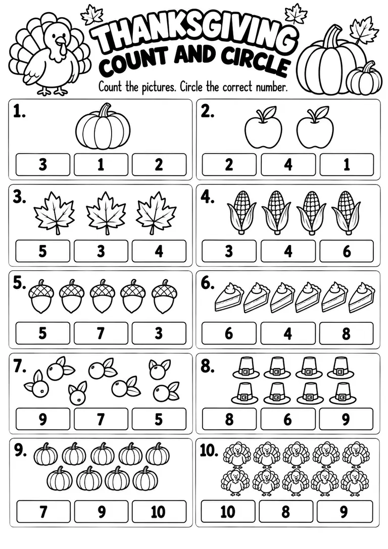 THANKSGIVING COUNT AND CIRCLE WORKSHEET for Pre-K, Kindergarten, 1st Grade