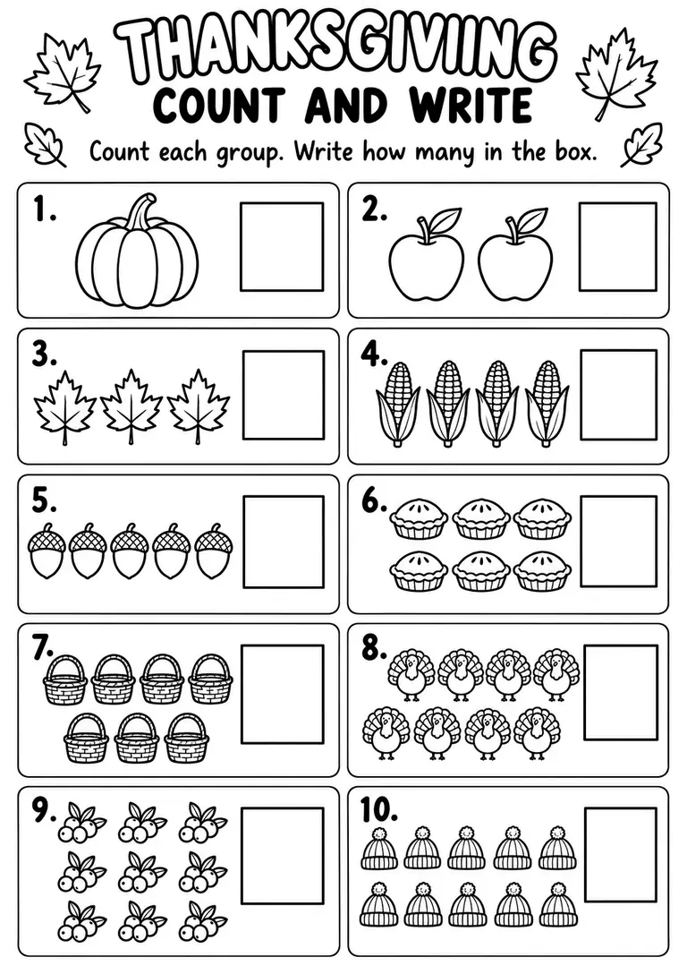 THANKSGIVING COUNT AND WRITE WORKSHEET for Pre-K, Kindergarten, 1st Grade