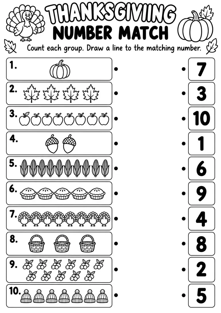 THANKSGIVING NUMBER MATCH for Pre-K, Kindergarten, 1st Grade