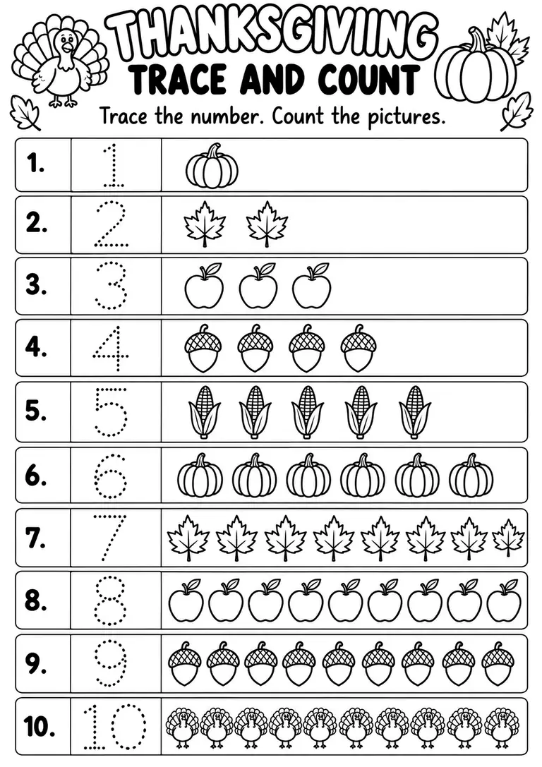 THANKSGIVING TRACE AND COUNT for Pre-K, Kindergarten, 1st Grade