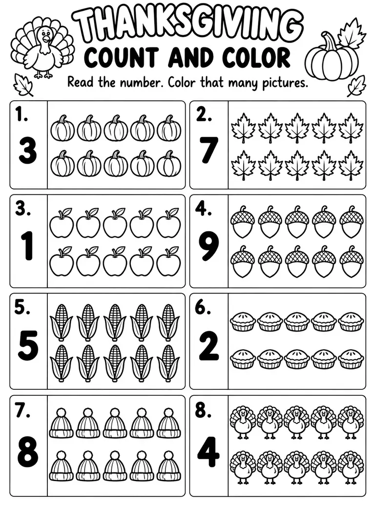 THANKSGIVING COUNT AND COLOR for Pre-K, Kindergarten, 1st Grade