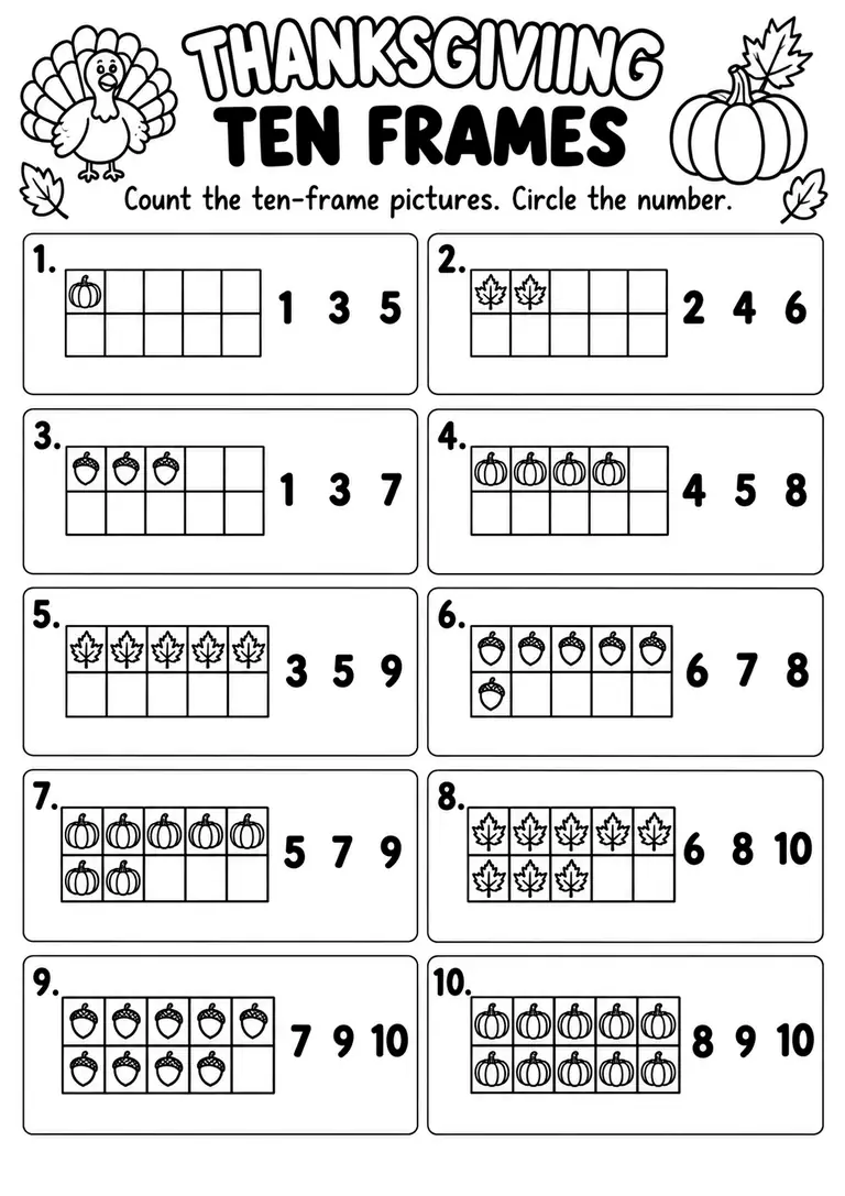 THANKSGIVING TEN FRAMES PRINTABLE for Pre-K, Kindergarten, 1st Grade