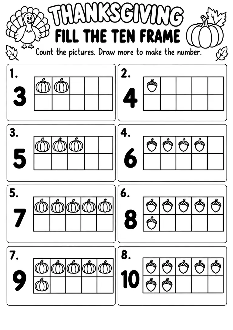 THANKSGIVING FILL THE TEN FRAME for Pre-K, Kindergarten, 1st Grade