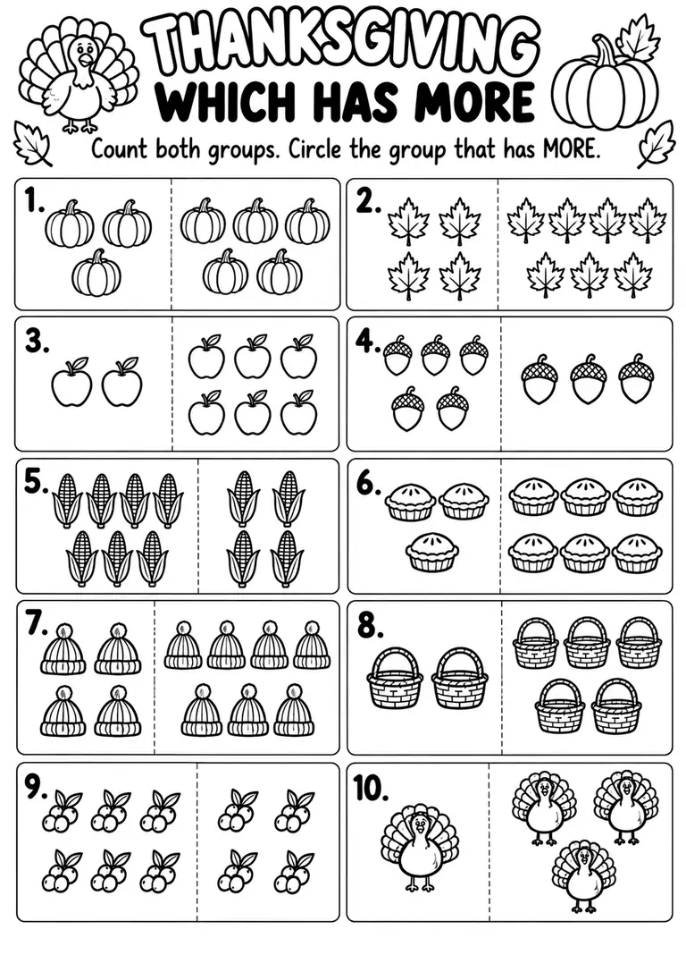 THANKSGIVING WHICH HAS MORE for Pre-K, Kindergarten, 1st Grade