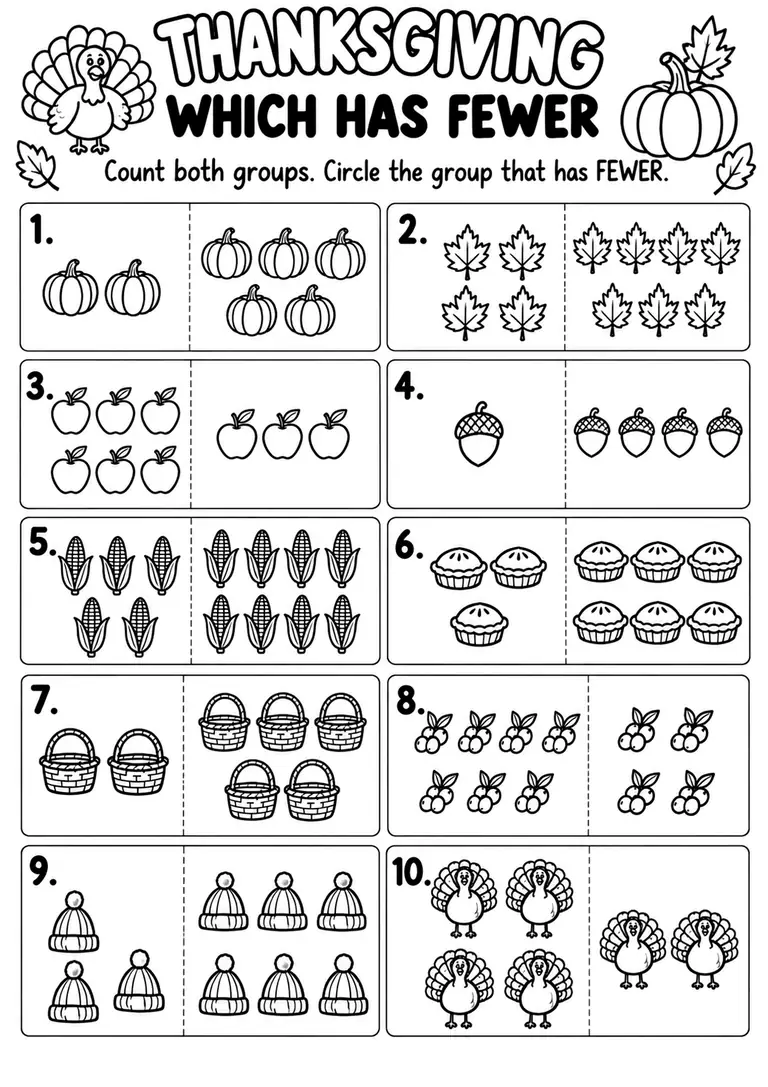 THANKSGIVING WHICH HAS FEWER for Pre-K, Kindergarten, 1st Grade