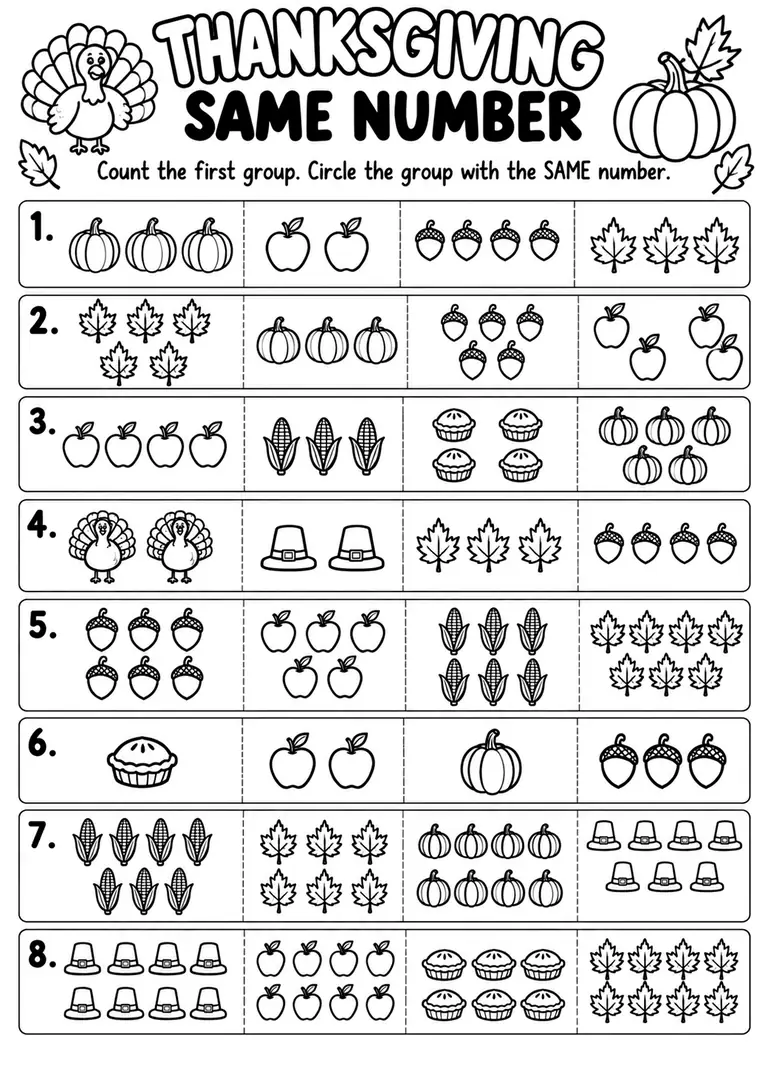 THANKSGIVING SAME NUMBER for Pre-K, Kindergarten, 1st Grade