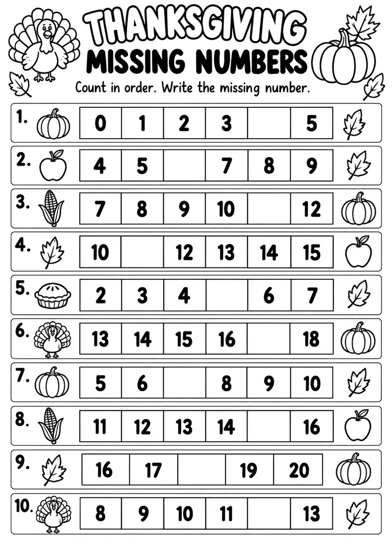 THANKSGIVING MISSING NUMBERS WORKSHEET for Pre-K, Kindergarten, 1st Grade