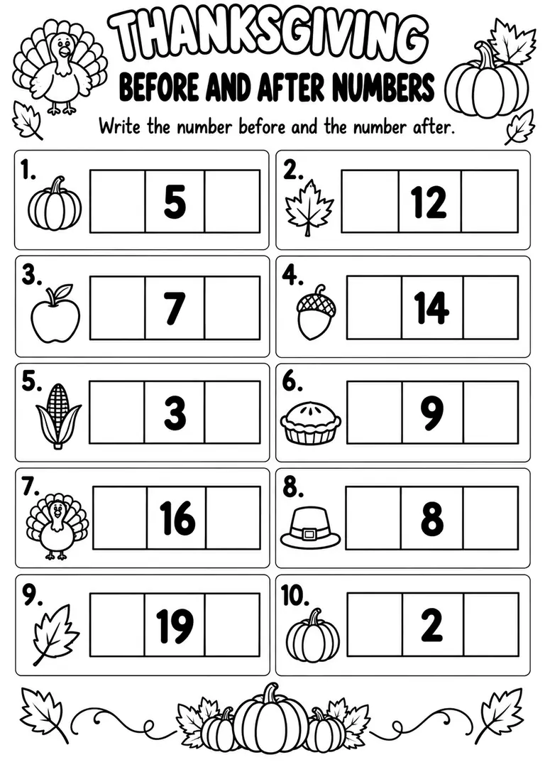 THANKSGIVING BEFORE AND AFTER NUMBERS WORKSHEET for Pre-K, Kindergarten, 1st Grade