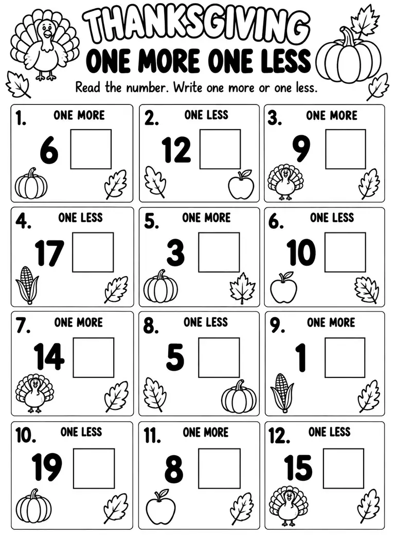 THANKSGIVING ONE MORE ONE LESS WORKSHEET for Pre-K, Kindergarten, 1st Grade