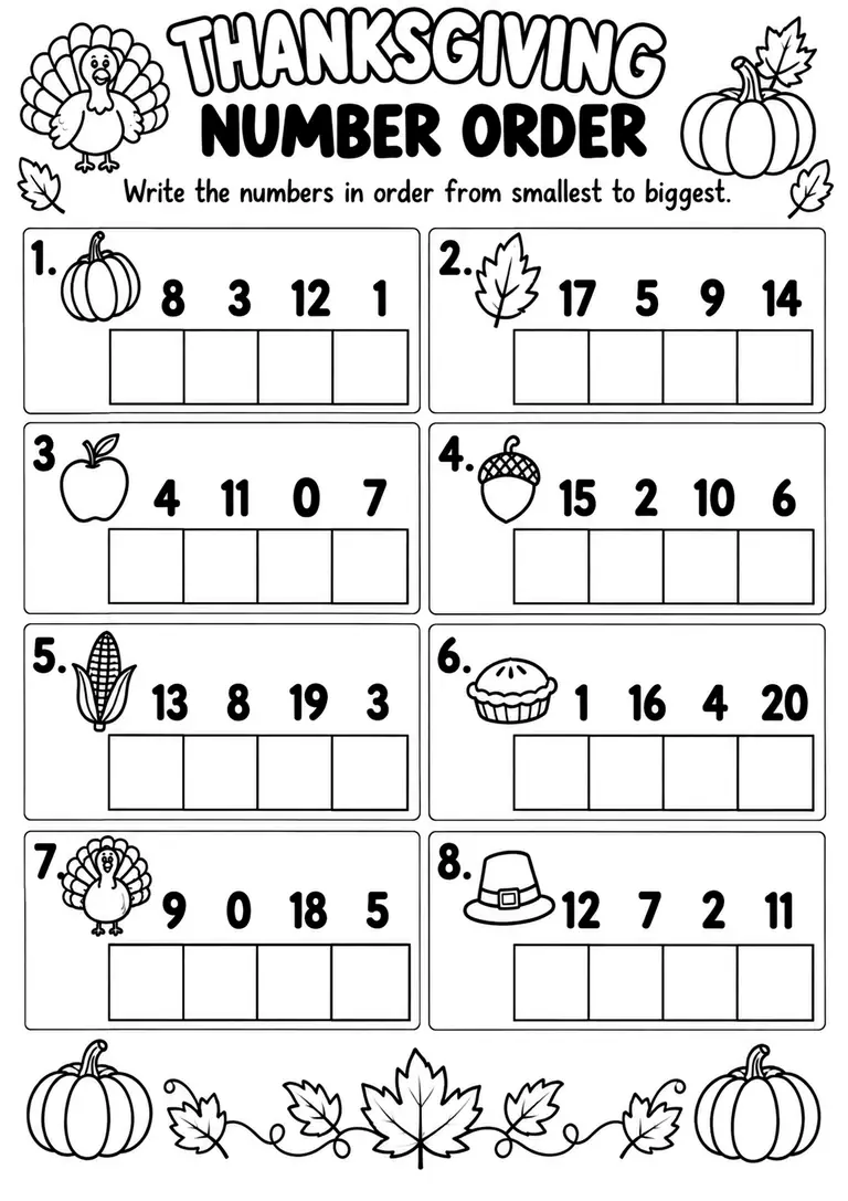THANKSGIVING NUMBER ORDER WORKSHEET for Pre-K, Kindergarten, 1st Grade