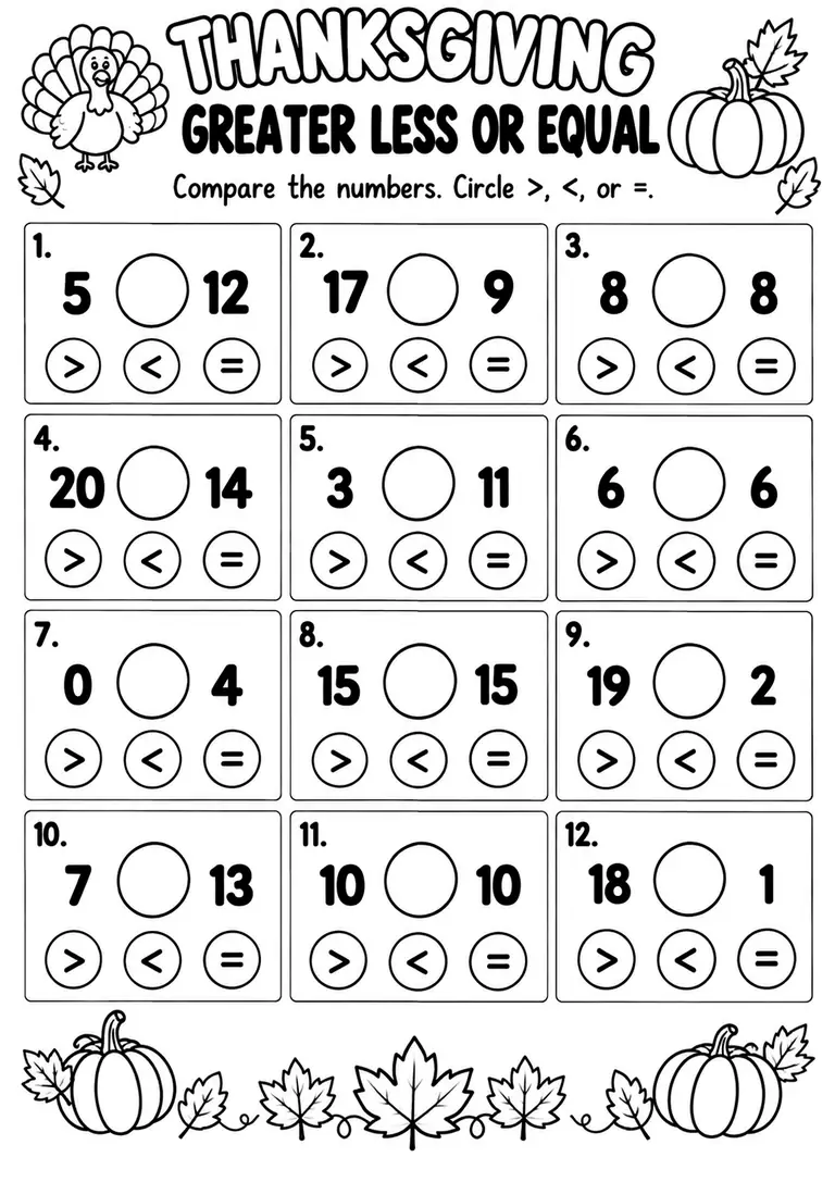 THANKSGIVING GREATER LESS OR EQUAL WORKSHEET for Pre-K, Kindergarten, 1st Grade