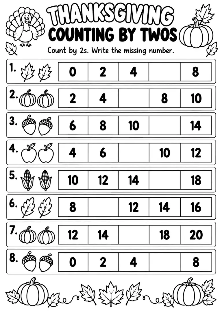 THANKSGIVING COUNTING BY TWOS for Pre-K, Kindergarten, 1st Grade