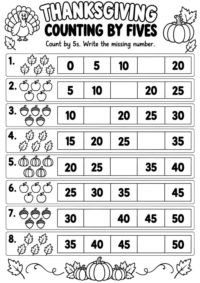 THANKSGIVING COUNTING BY FIVES for Pre-K, Kindergarten, 1st Grade