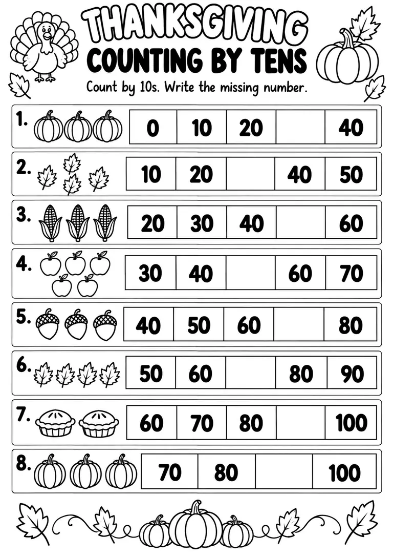 THANKSGIVING COUNTING BY TENS for Pre-K, Kindergarten, 1st Grade