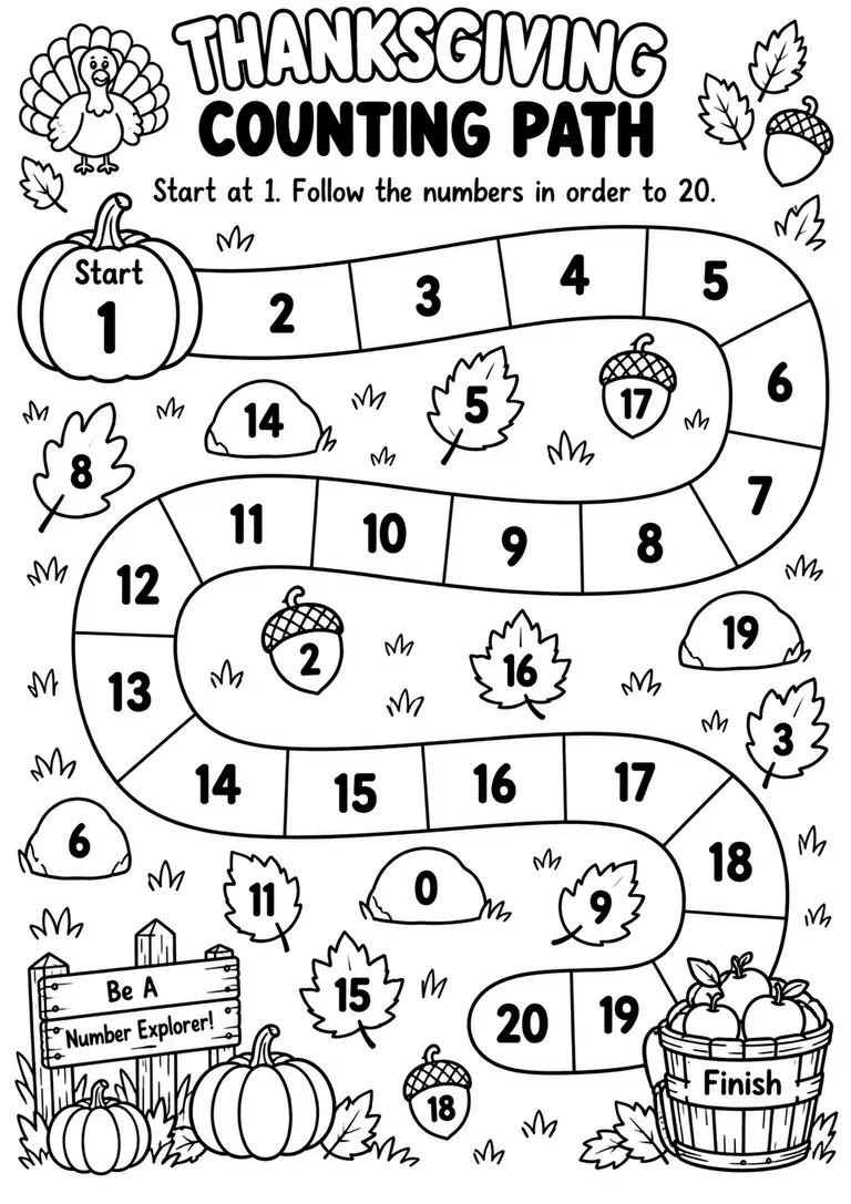 THANKSGIVING COUNTING PATH for Pre-K, Kindergarten, 1st Grade