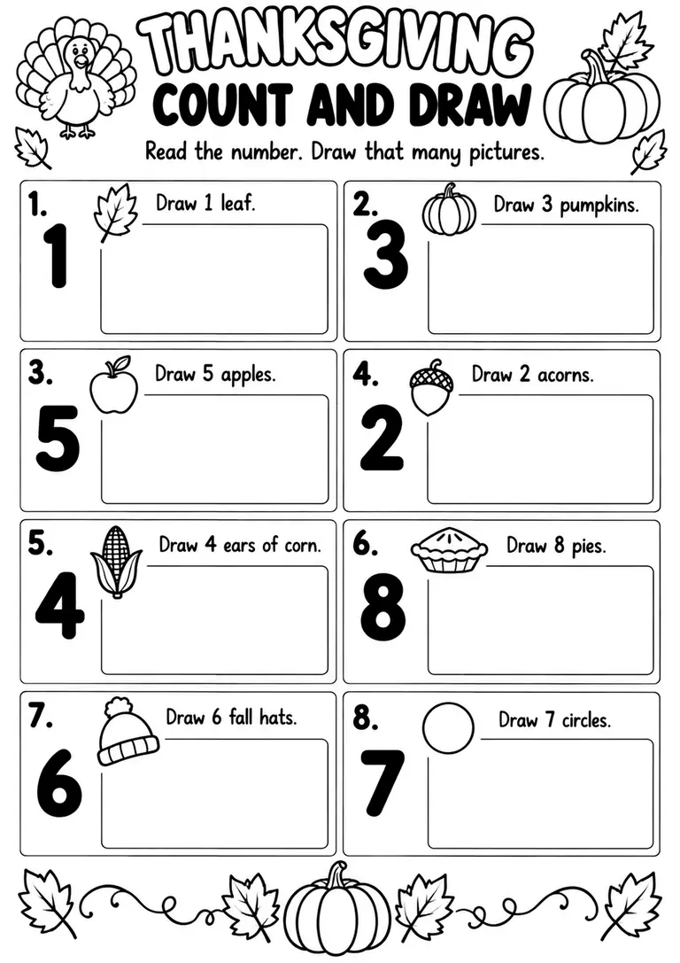THANKSGIVING COUNT AND DRAW for Pre-K, Kindergarten, 1st Grade