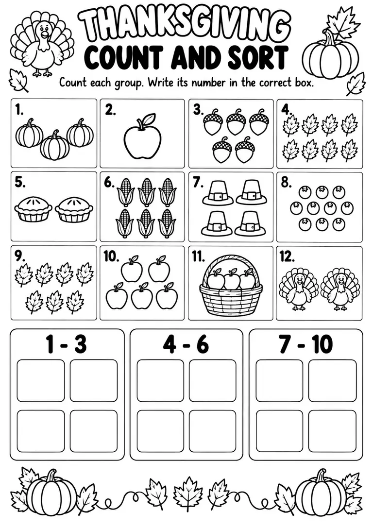 THANKSGIVING COUNT AND SORT for Pre-K, Kindergarten, 1st Grade