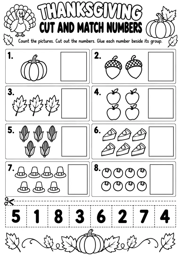 THANKSGIVING CUT AND MATCH NUMBERS for Pre-K, Kindergarten, 1st Grade