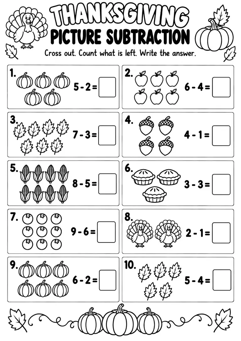 THANKSGIVING PICTURE SUBTRACTION for Pre-K, Kindergarten, 1st Grade