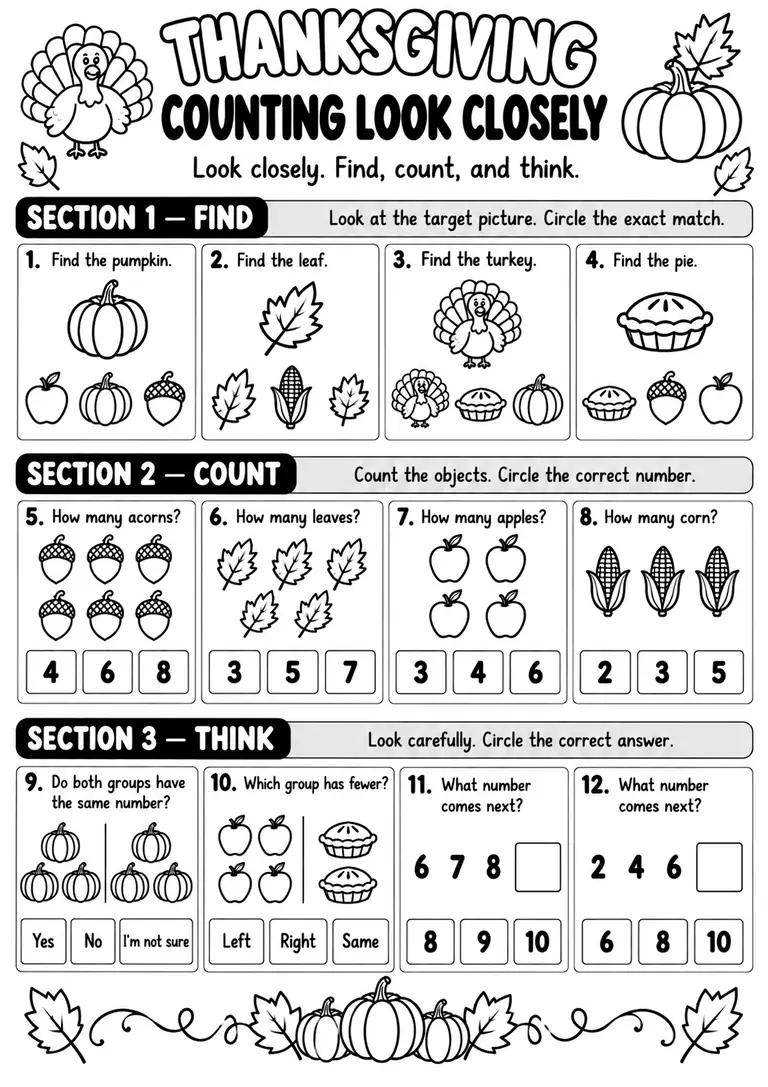 THANKSGIVING COUNTING LOOK CLOSELY for Pre-K, Kindergarten, 1st Grade