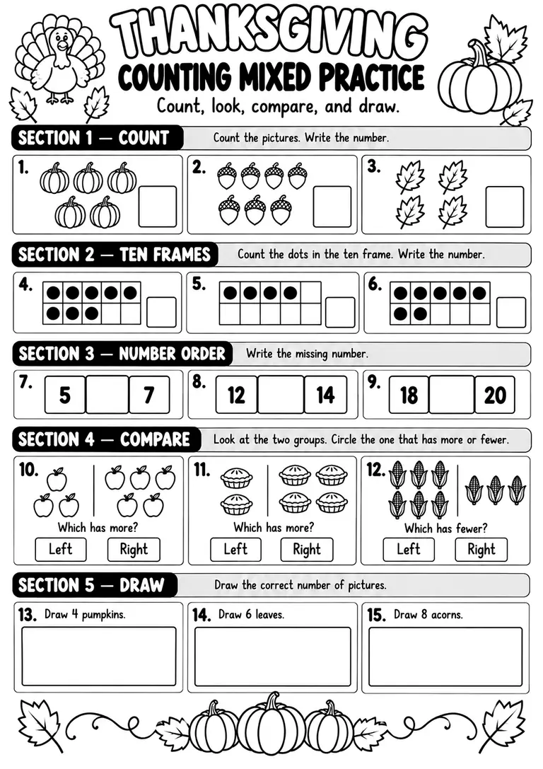 THANKSGIVING COUNTING MIXED PRACTICE for Pre-K, Kindergarten, 1st Grade