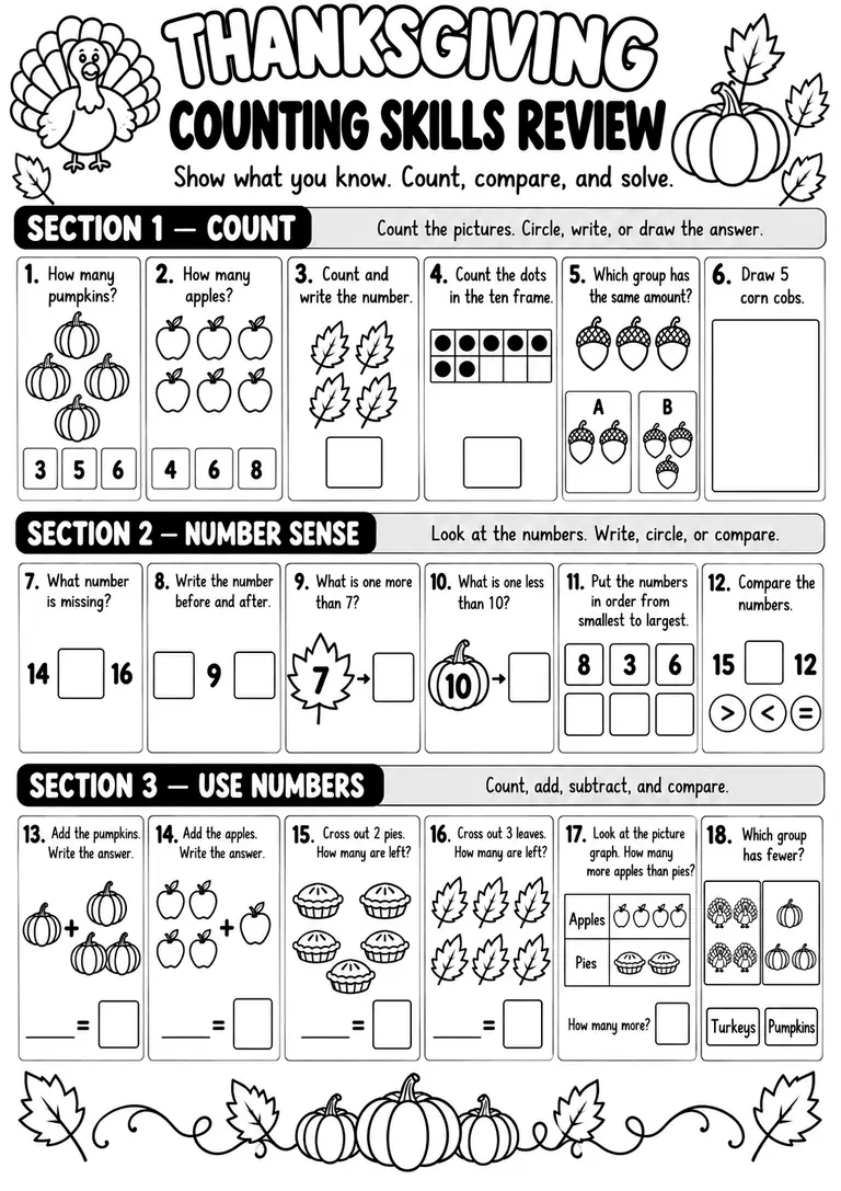 THANKSGIVING COUNTING SKILLS REVIEW for Pre-K, Kindergarten, 1st Grade
