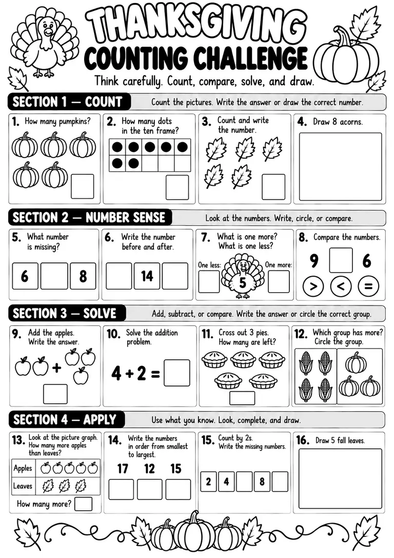 THANKSGIVING COUNTING CHALLENGE for Pre-K, Kindergarten, 1st Grade