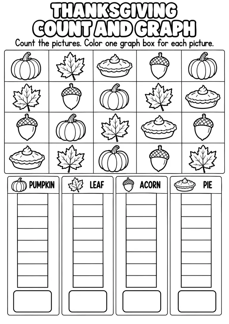 THANKSGIVING COUNT AND GRAPH for Pre-K, Kindergarten, 1st Grade