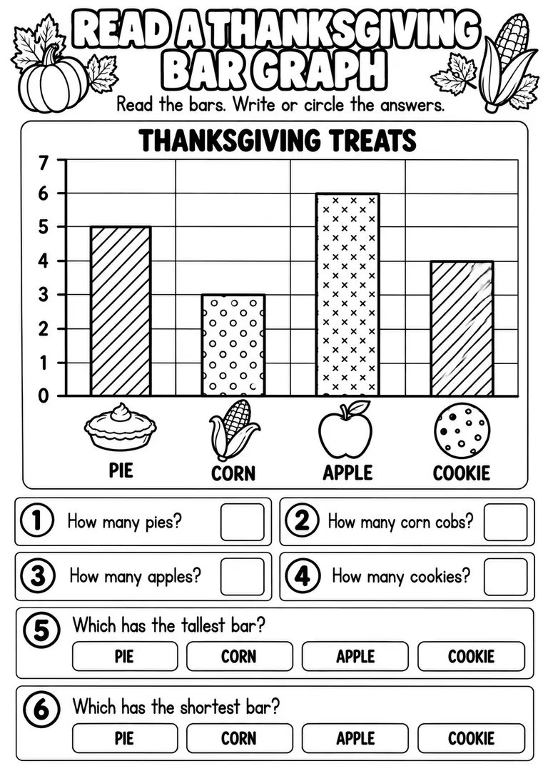 READ A THANKSGIVING BAR GRAPH for Pre-K, Kindergarten, 1st Grade