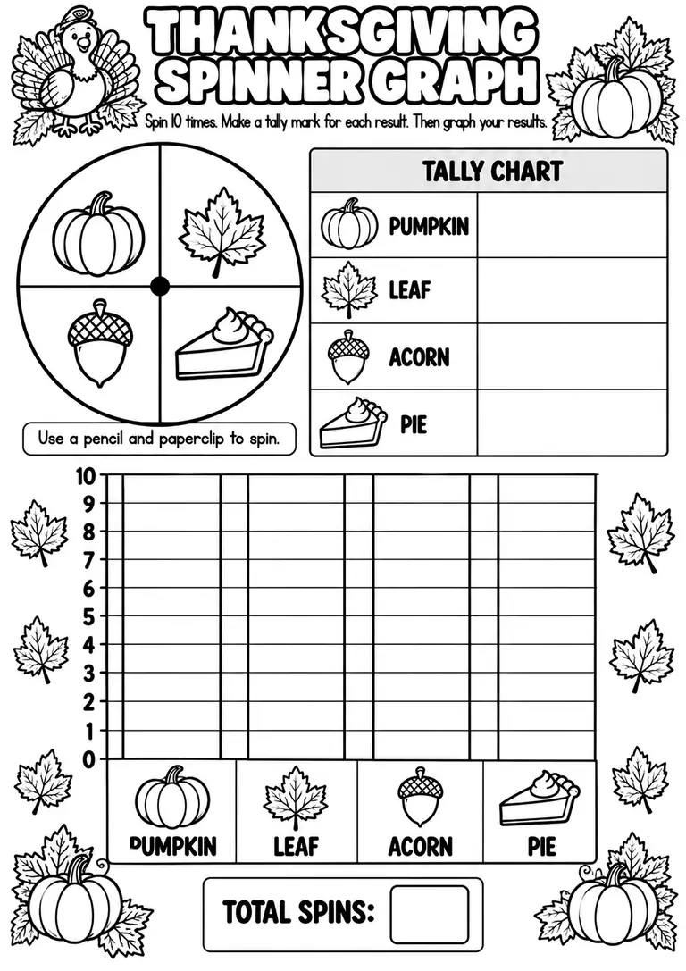 THANKSGIVING SPINNER GRAPH for Pre-K, Kindergarten, 1st Grade