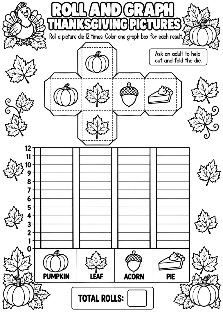 ROLL AND GRAPH THANKSGIVING PICTURES for Pre-K, Kindergarten, 1st Grade