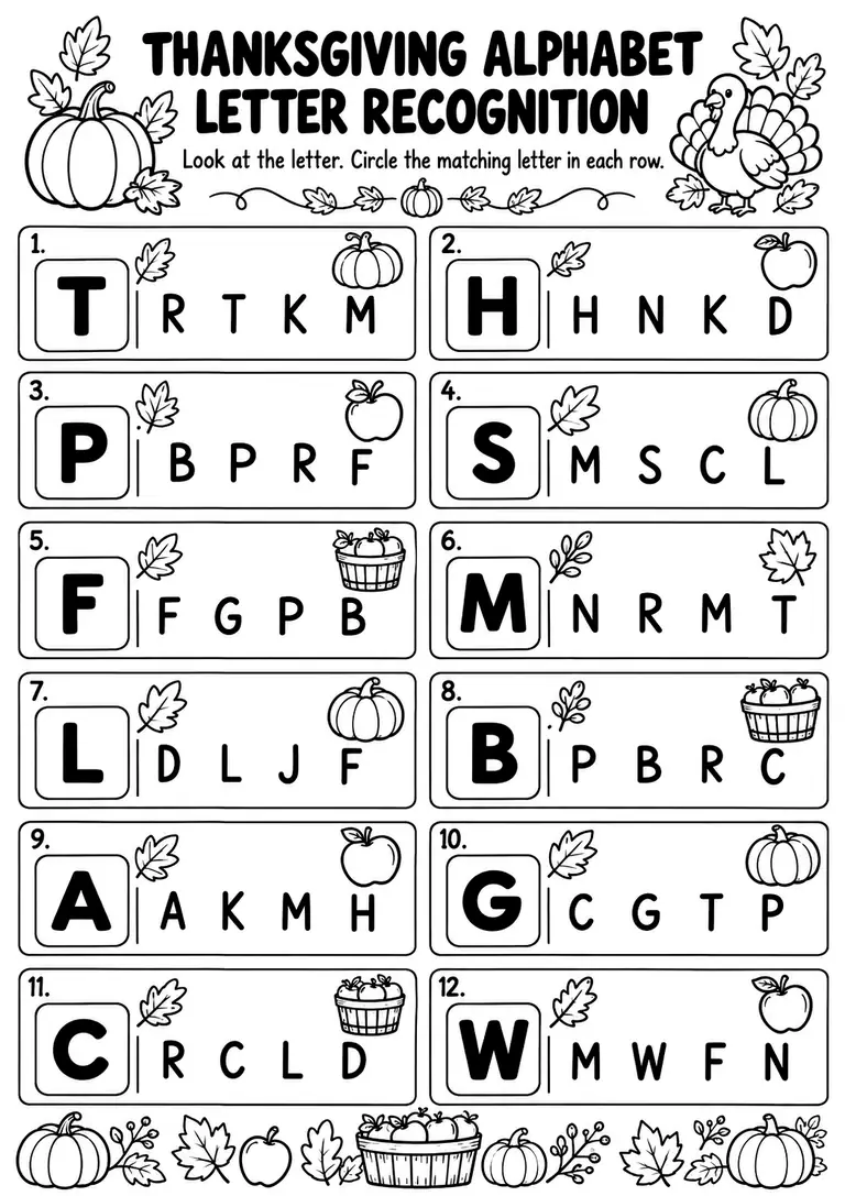 Thanksgiving Alphabet Letter Recognition for Preschool, Kindergarten, 1st Grade