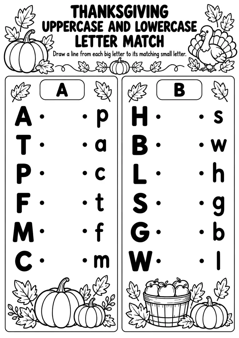 Thanksgiving Uppercase and Lowercase Letter Match for Preschool, Kindergarten, 1st Grade