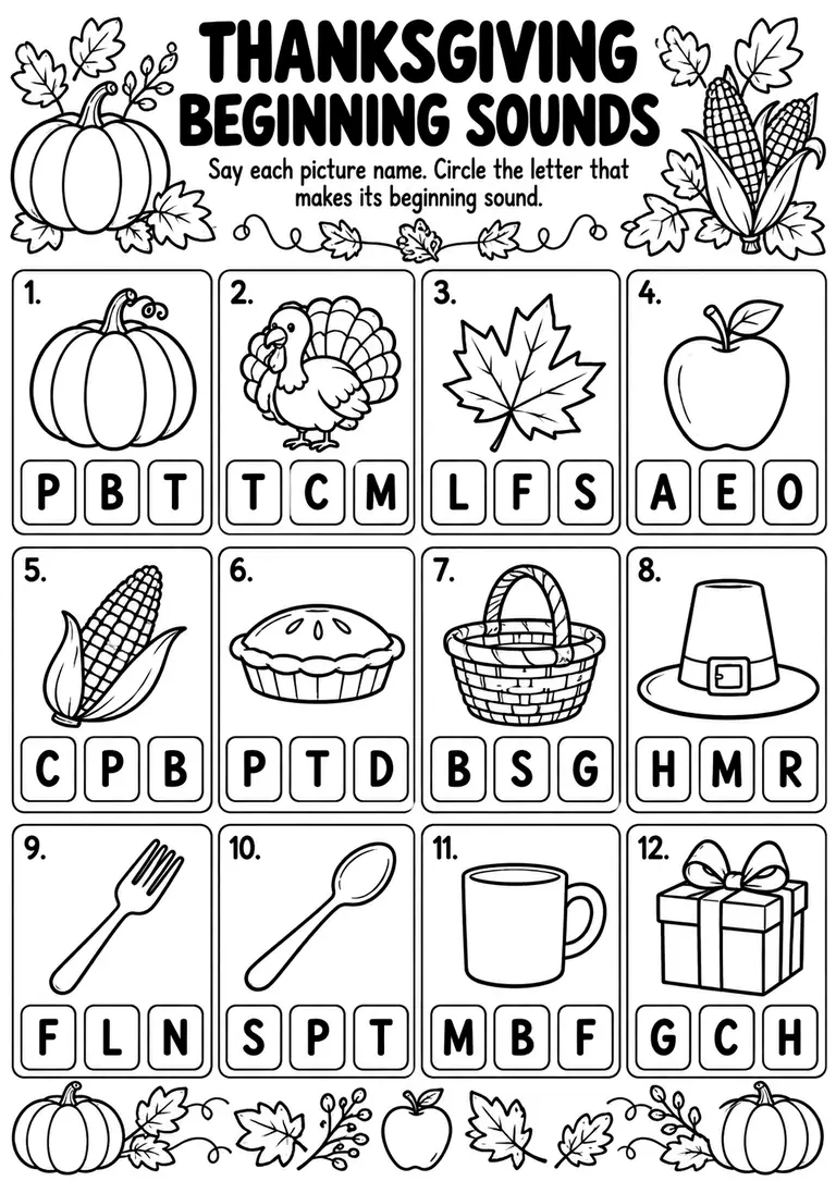 Thanksgiving Beginning Sounds for Preschool, Kindergarten, 1st Grade