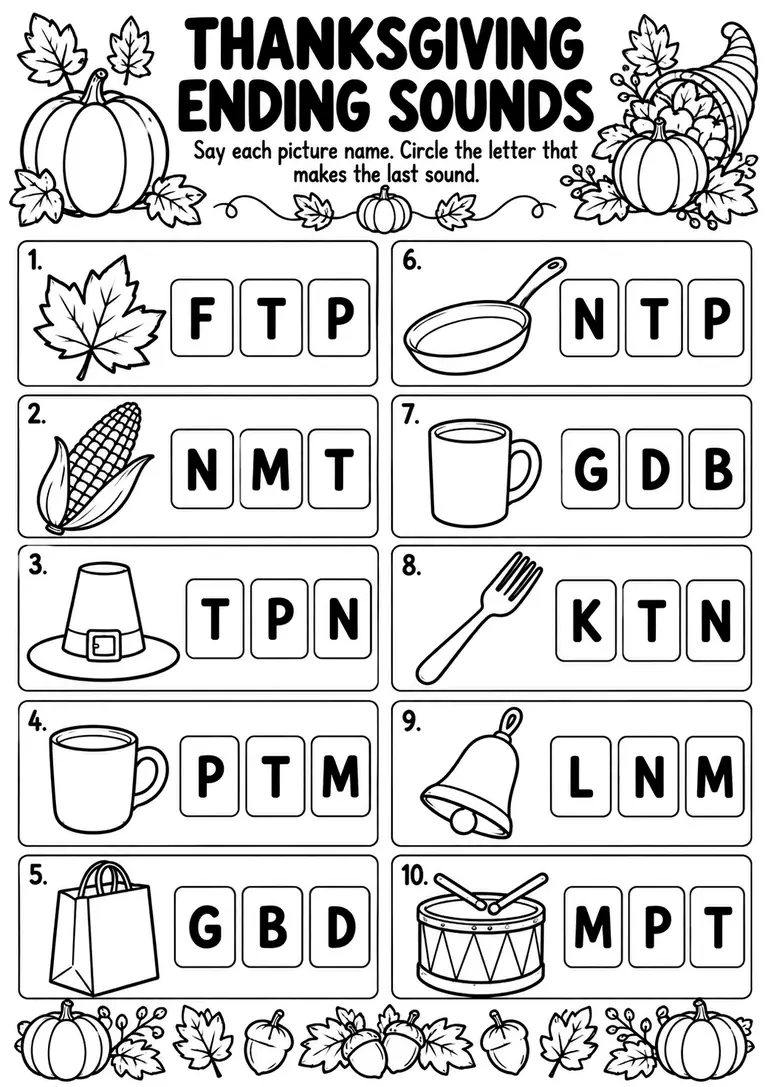 Thanksgiving Ending Sounds for Preschool, Kindergarten, 1st Grade
