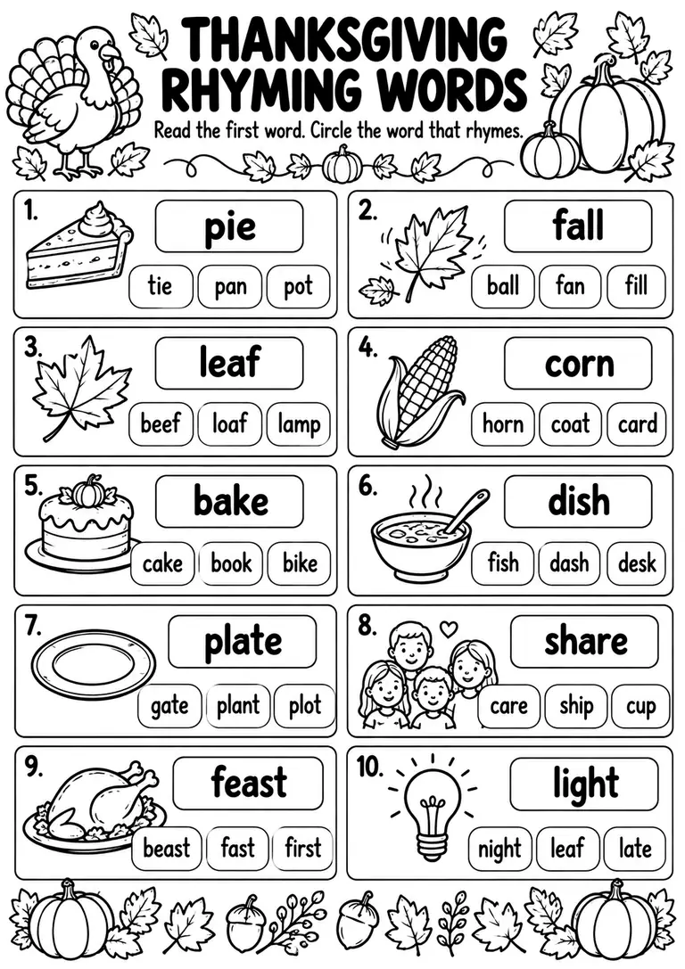 Thanksgiving Rhyming Words for Preschool, Kindergarten, 1st Grade