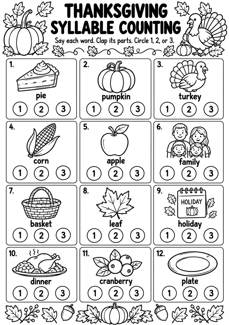 Thanksgiving Syllable Counting for Preschool, Kindergarten, 1st Grade
