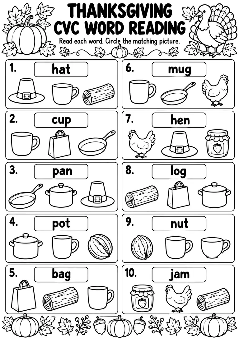Thanksgiving CVC Word Reading for Preschool, Kindergarten, 1st Grade