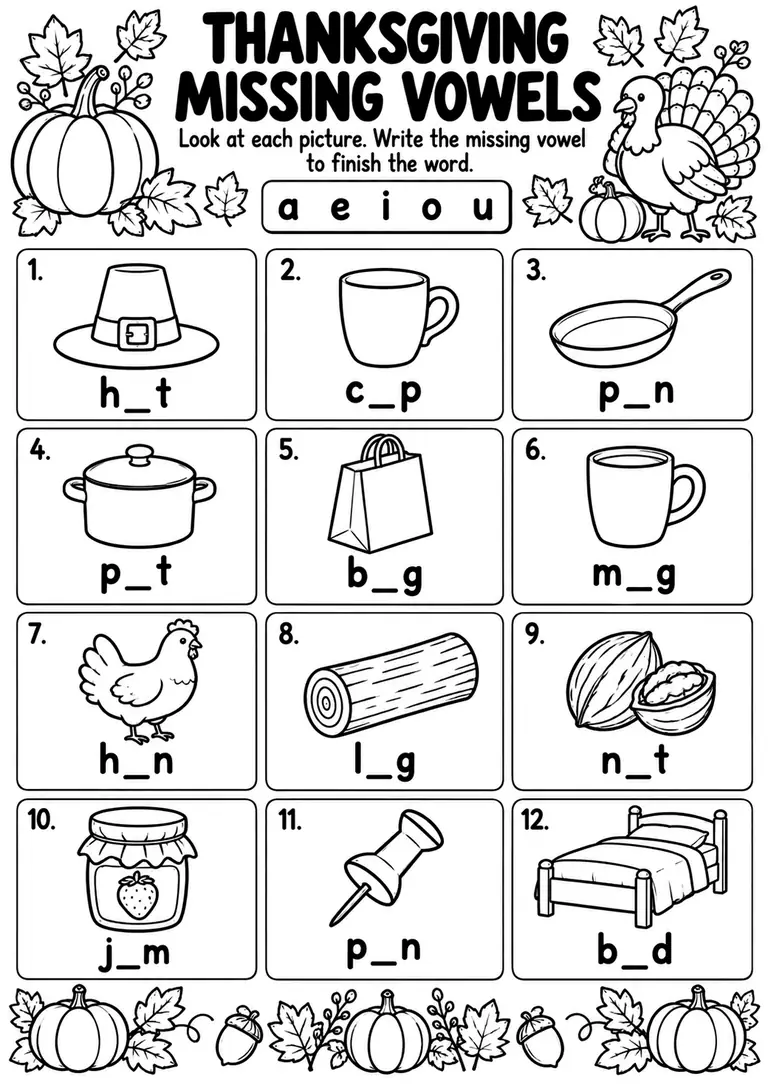 Thanksgiving Missing Vowels for Preschool, Kindergarten, 1st Grade