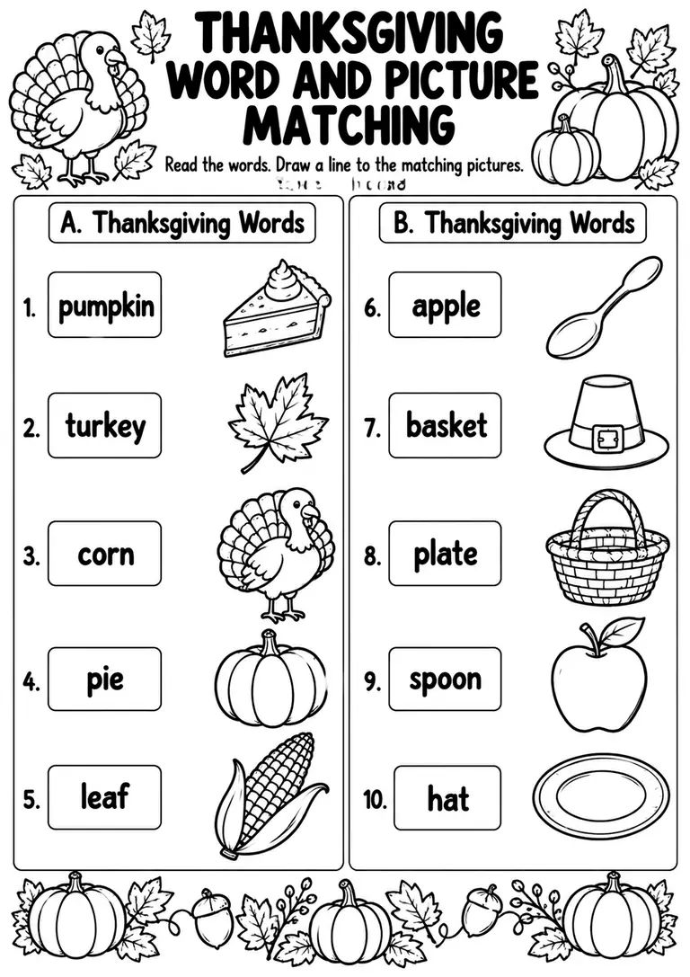 Thanksgiving Word and Picture Matching for Preschool, Kindergarten, 1st Grade