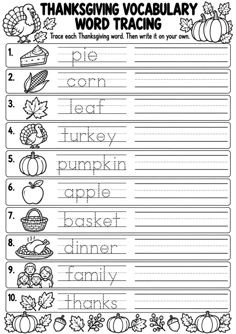 Thanksgiving Vocabulary Word Tracing for Preschool, Kindergarten, 1st Grade