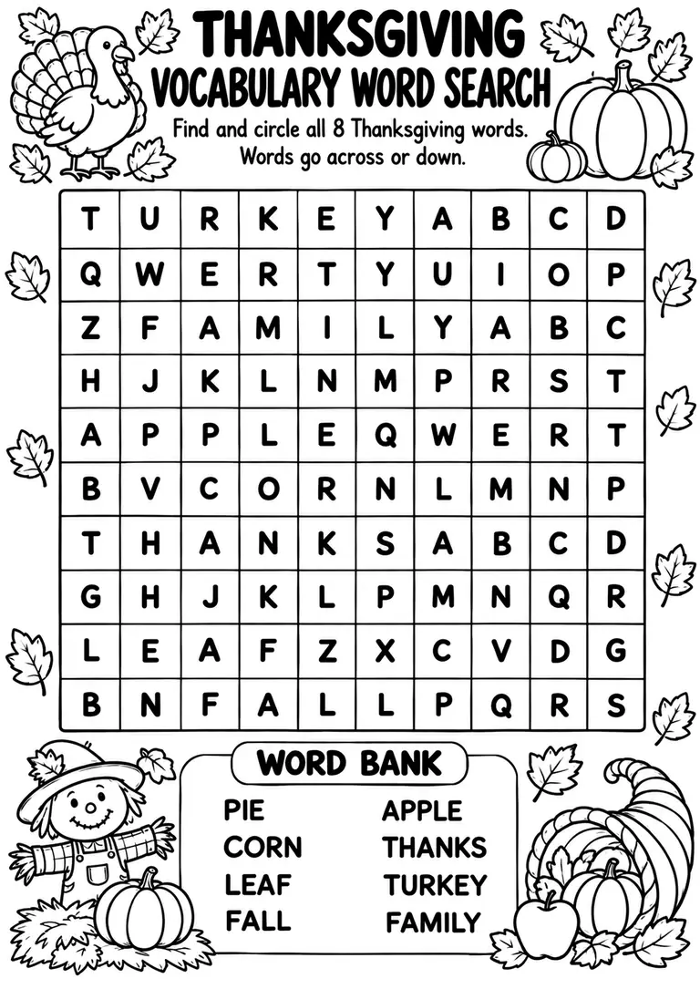 Thanksgiving Vocabulary Word Search for Preschool, Kindergarten, 1st Grade