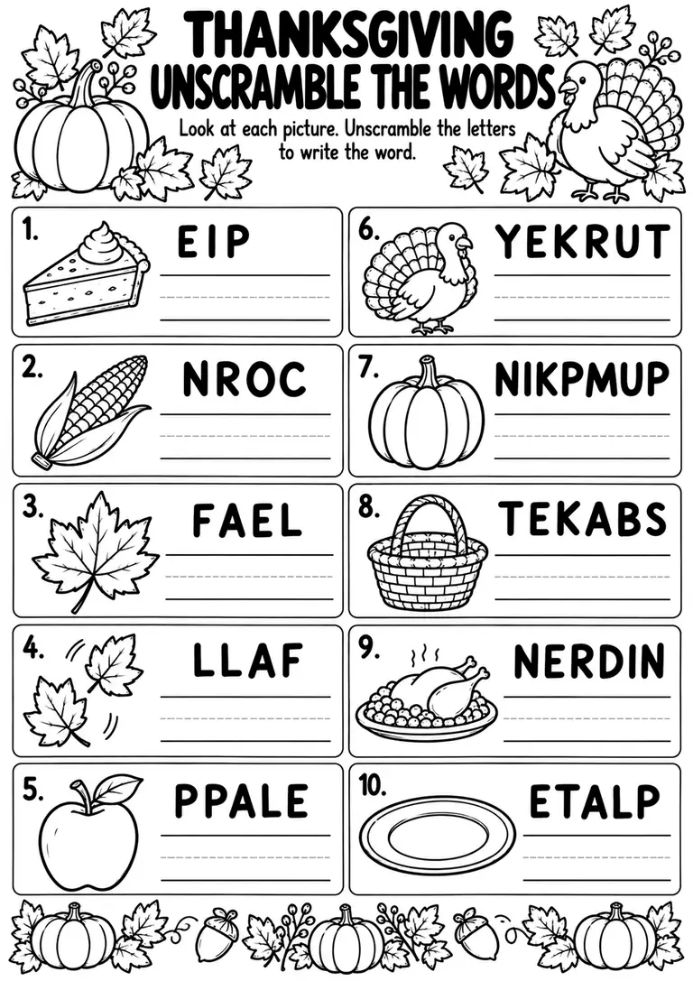 Thanksgiving Unscramble the Words for Preschool, Kindergarten, 1st Grade