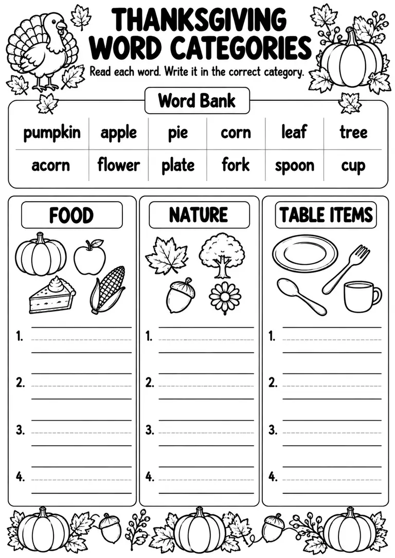 Thanksgiving Word Categories for Preschool, Kindergarten, 1st Grade
