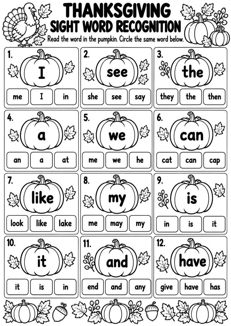 Thanksgiving Sight Word Recognition for Preschool, Kindergarten, 1st Grade